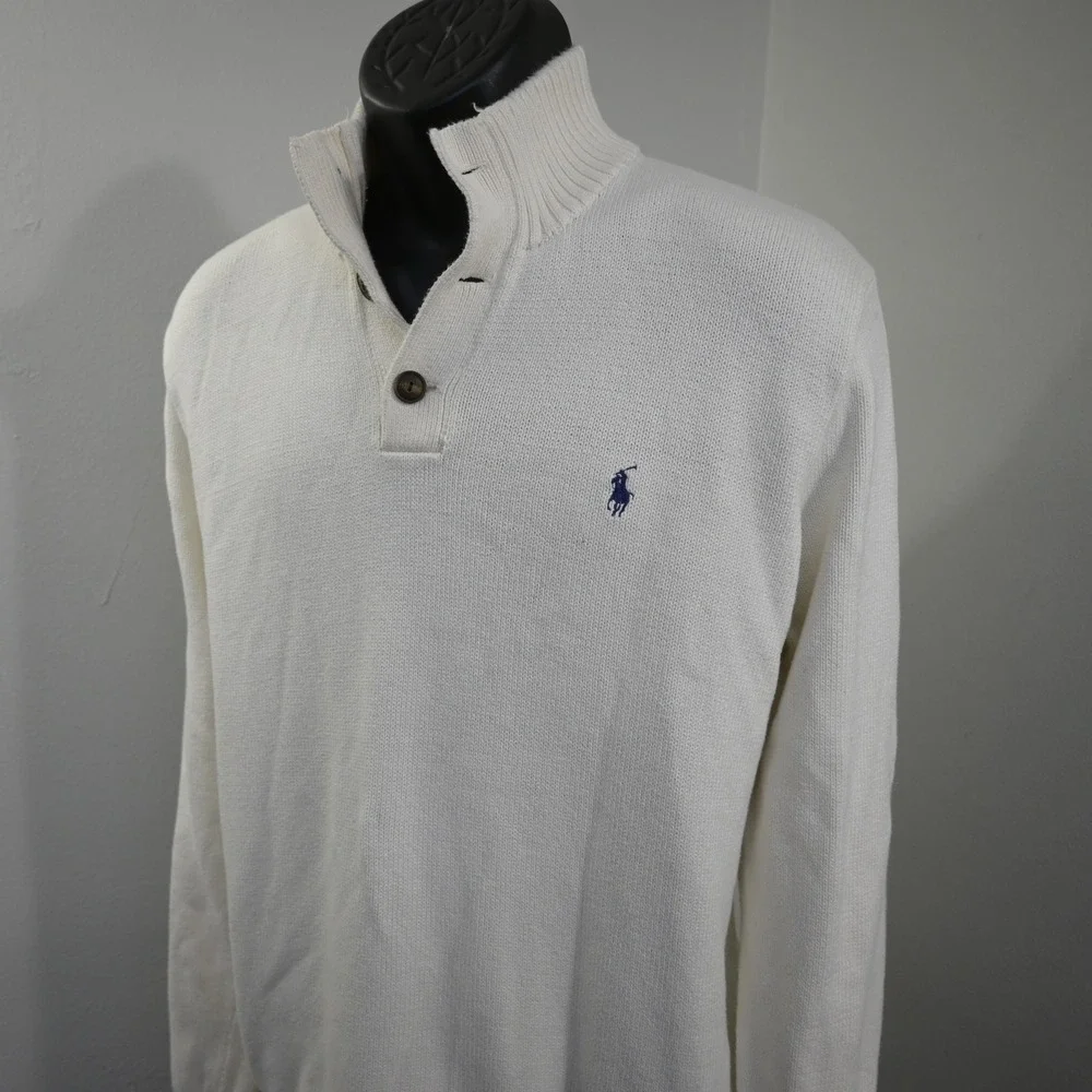Polo Ralph Lauren Knit Sweater Mens XL Cream Mock Neck Cotton Pullover 3 Button